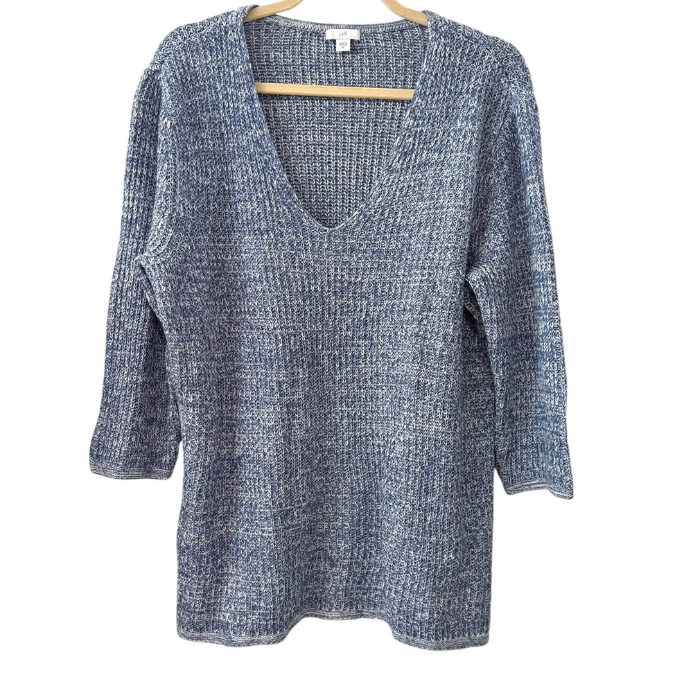J Jill XL Blue White Marled Knit V-Neck Cotton Blend Sweater Tunic 3/4 Sleeve